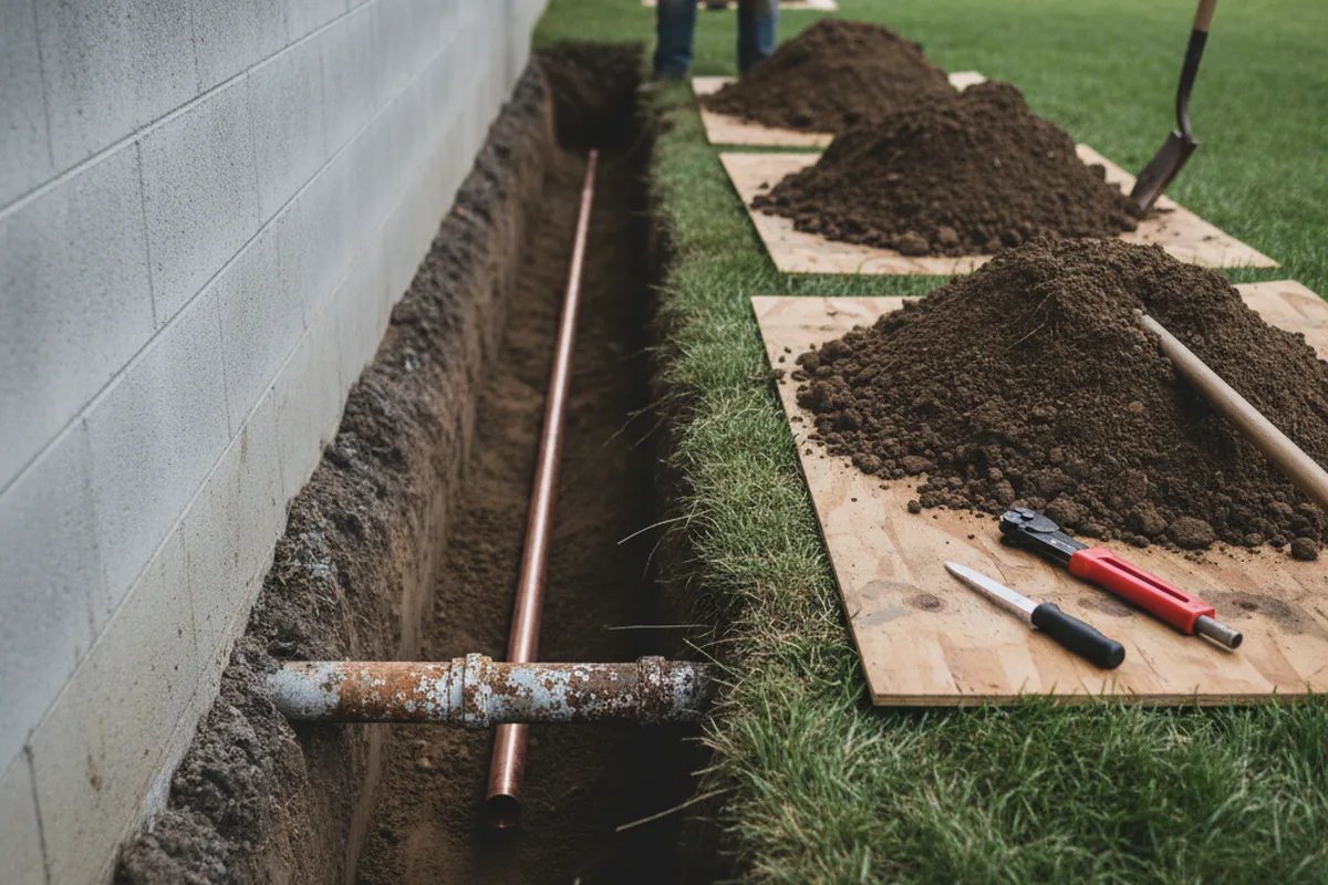 Excavated water line trench during Water Softener Installation in Usk